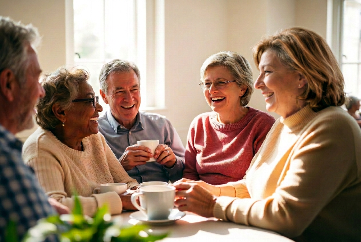 Members of Singles New Beginnings laughing together over coffee